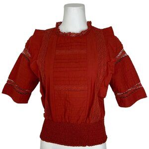 Broadway 38 Blouse M Terracotta Short Sleeve Ruffles